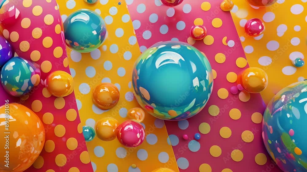 Aufkleber a playful design of colorful 3d bubbles floating on a background of polka dots and stripes.