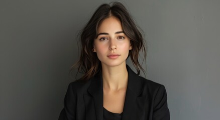 Obraz premium Young Woman With Long Brown Hair Wearing a Black Blazer in Front of a Gray Wall