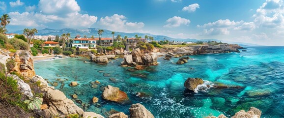 Panoramic view of luxury villas by the sea with stunning turquoise waters and rocky shore under a blue sky