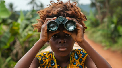 A young girl wearing a yellow dress and holding binoculars