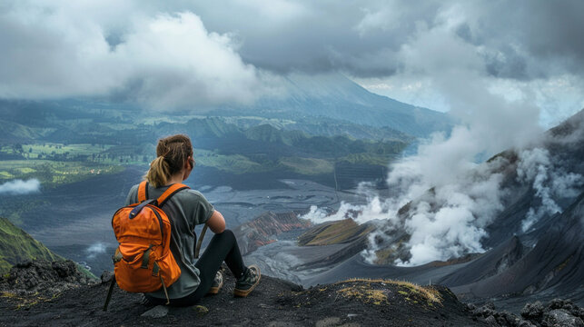 A woman sits on a mountain top with a backpack on her back