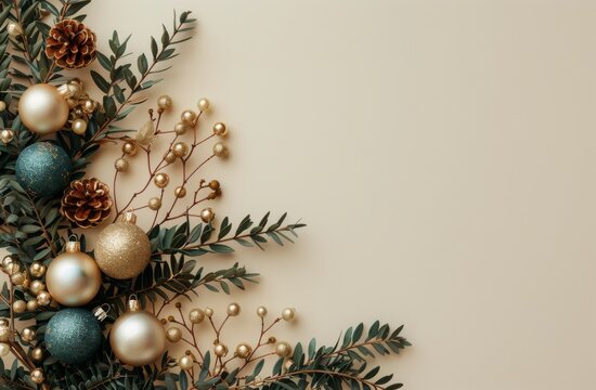 Green and Gold Christmas Ornaments and Greenery on Beige Background