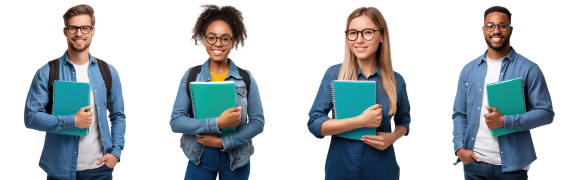 happy students with notebooks in their arms; back to school, education, university - Powered by Adobe