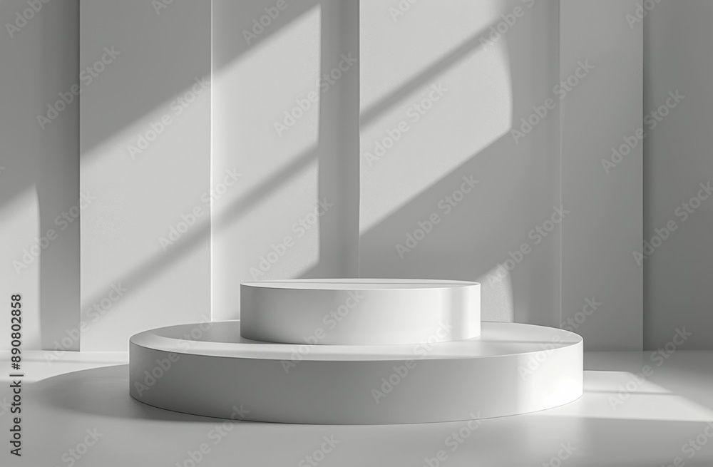 Poster white platform display with sunlight streaming through windows