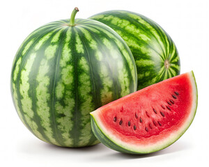Big watermelon and two slices on white background as package design element