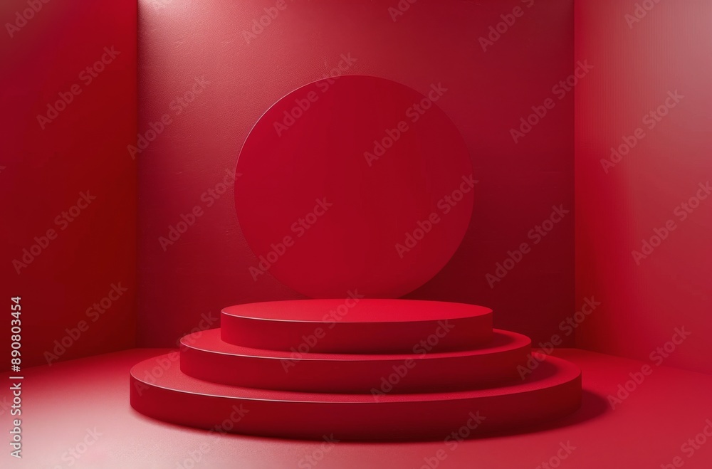 Poster red circle and three circular platforms in a red room
