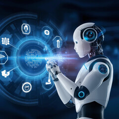 Advanced Robot Interacting with Futuristic Digital Interface, showcasing cutting-edge technology and innovation in robotics 