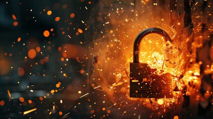 A padlock is bursting with sparks and glow, depicting a sense of breaking free or security breach
