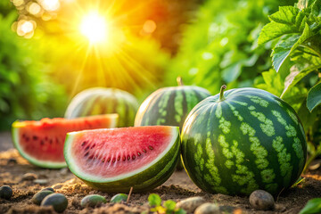 Ripe watermelons grow amidst lush greenery in a sun-kissed garden, with a juicy slice lying on the ground, ready to be savored on a warm summer day.