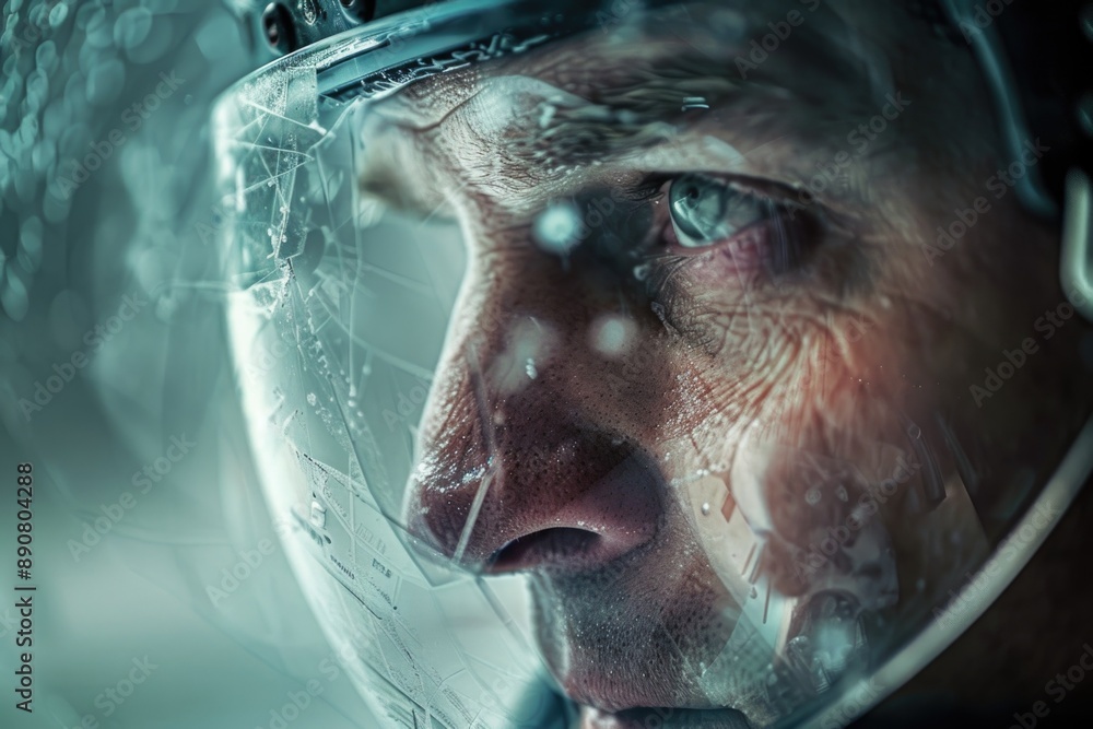 Poster a close-up shot of a person wearing a helmet, perfect for use in editorial or commercial contexts
