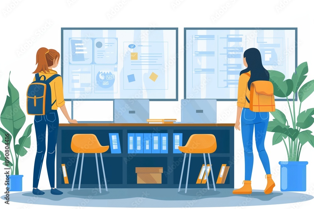 Aufkleber two students studying data on large monitors in a classroom setting