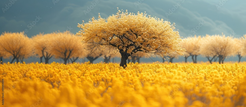 Canvas Prints Golden Tree in a Field of Yellow Flowers