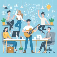 Cartoon office meeting vector illustration with businessman, woman, and colleagues working at desk