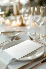 Table place setting blank menu card mockup or reserve in wedding invite and special event, restaurant