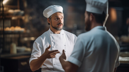 Portrait of a gesturing chef talking to a subordinate and explaining something.