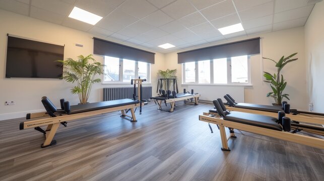 A clean and inviting heated Pilates studio with reformer machines ready for use