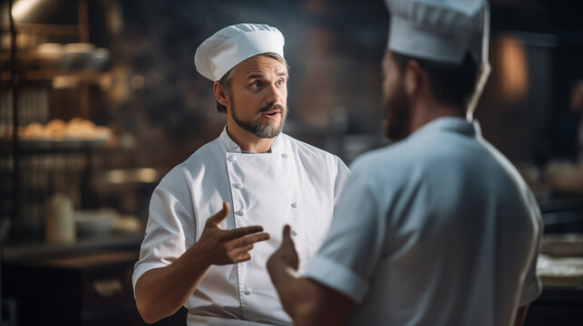 Portrait of a gesturing chef talking to a subordinate and explaining something.
