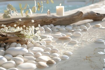 Décoration de spa avec galets blancs, bois flotté et bougie