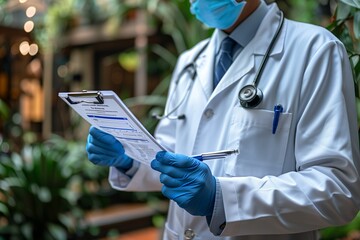 Doctor in White Coat Reviewing Patient Forms With Blue Gloves Indoors