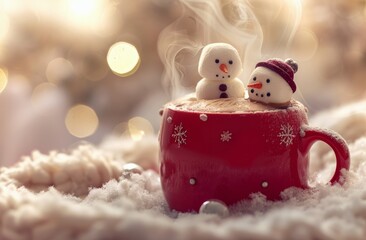 Festive Snowman Marshmallows in a Red Mug of Hot Chocolate