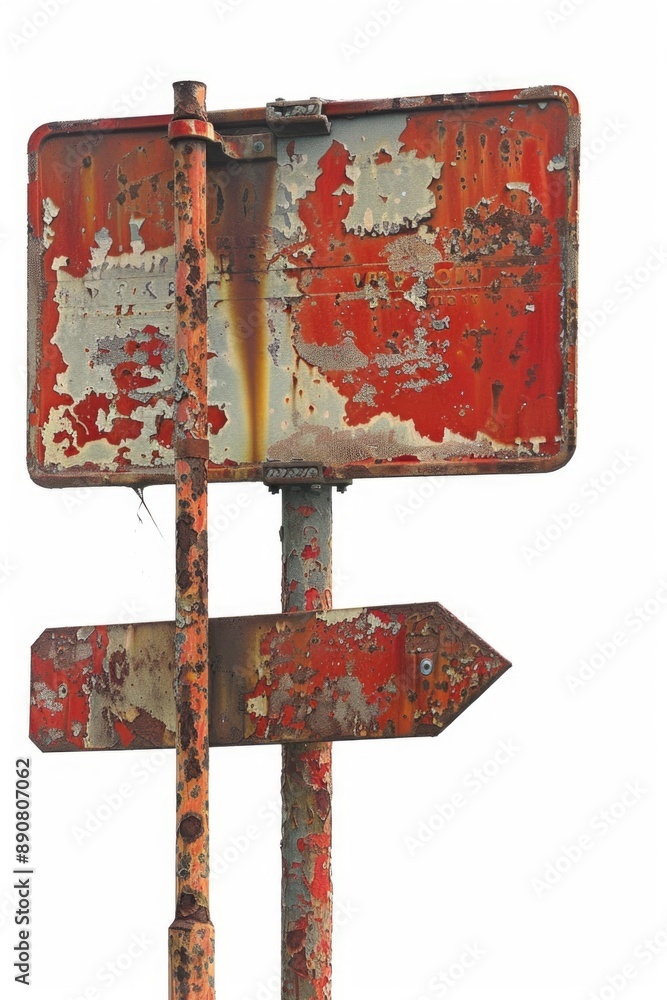 Poster a weathered sign post with two arrows pointing in opposite directions, perfect for outdoor or rustic