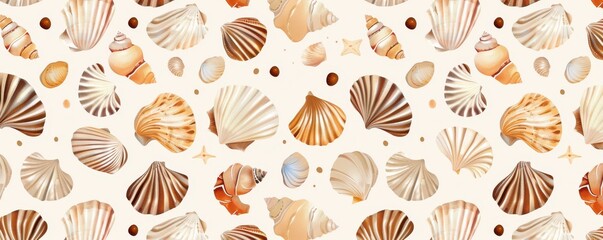 A pattern of seashells and starfish on a white background. Vector illustration.