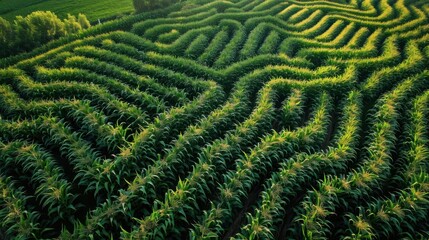 Aerial view of a corn maze, a complex pattern of tall green stalks creating a challenging labyrinth.