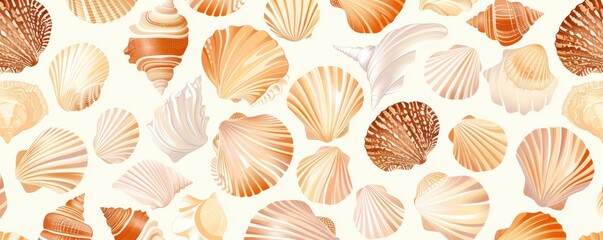 A pattern of seashells and starfish on a white background. Vector illustration.