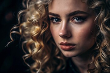 Fototapeta premium A deep, emotional portrait. The face of a young girl without makeup with expressive eyes and light curly hair. Natural female beauty.
