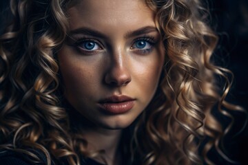 Fototapeta premium A deep, emotional portrait. The face of a young girl without makeup with expressive eyes and light curly hair. Natural female beauty.