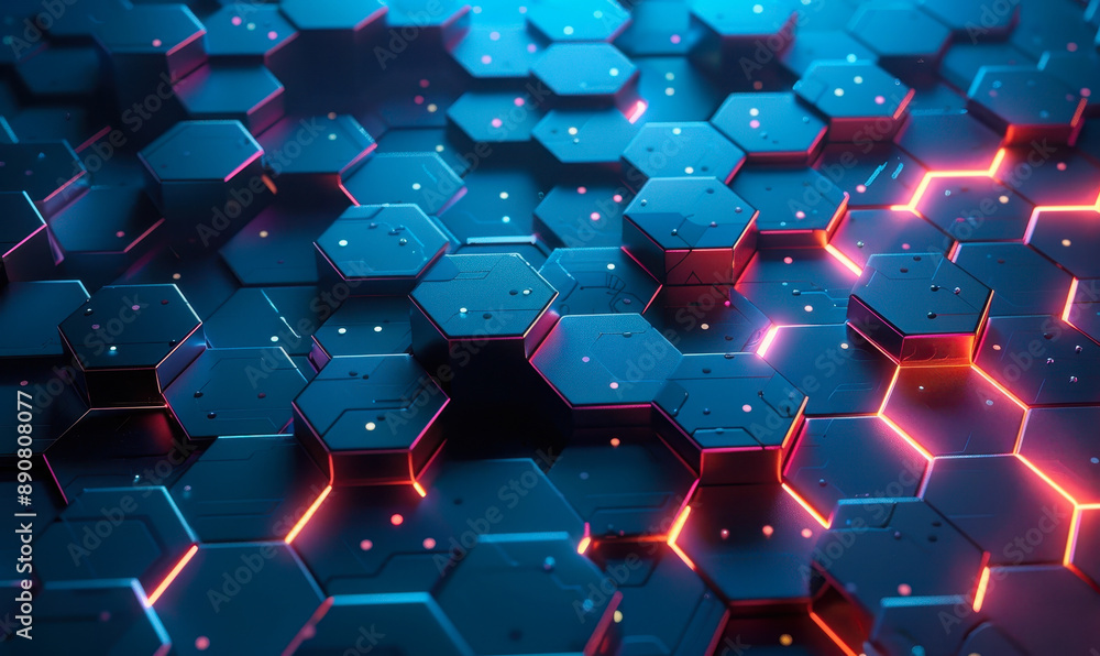 Poster futuristic digital hexagon pattern background with glowing edges, abstract technology concept in blu