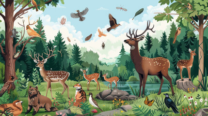 A diverse array of wildlife, including birds, deer, insects, and other forest creatures, thriving in a healthy and monitored ecosystem. 