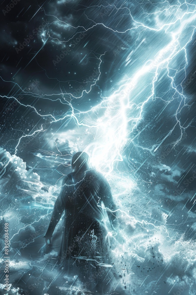 Poster a person caught in the midst of a intense lightning storm, with flashes of light illuminating the da