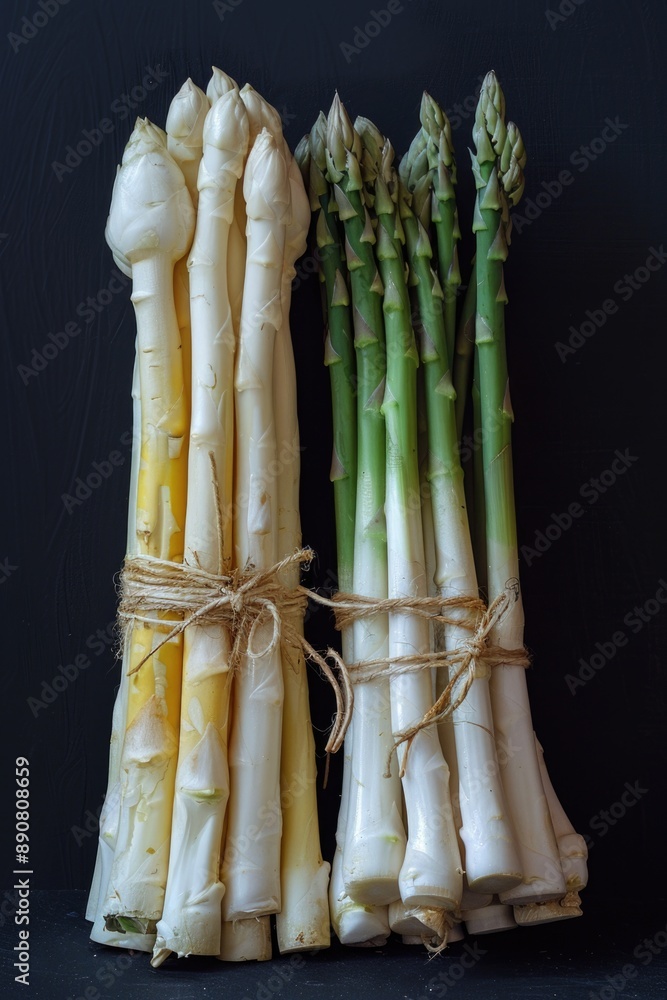 Poster fresh asparagus arranged in a neat bundle on a wooden table, perfect for a kitchen or dining setting