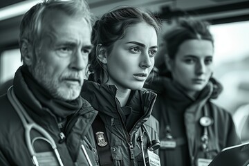 Fototapeta premium Three Emergency Medical Professionals In Vehicle During Daytime