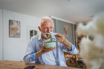 Portrait of senior man stand at home and eat salad