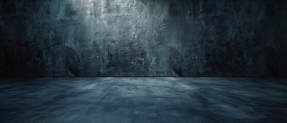 A moody abstract composition of a dark empty room with textured walls and floor, dominated by shades of blue and grey.