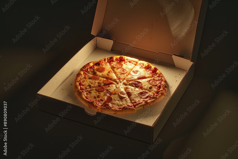 Poster a pizza sitting inside a box on a table