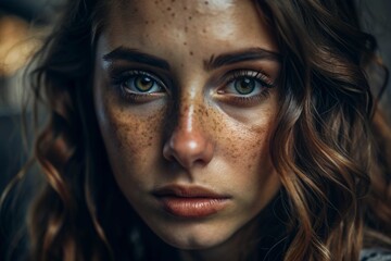 A deep, emotional portrait. The face of a young girl without makeup with expressive eyes and curly brown hair. Natural female beauty.