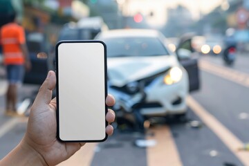 Man hold close up Smartphone with mockup white screen on road with car accident blurred background