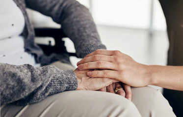Senior woman, hands and nurse with comfort for healthcare, empathy or trust in elderly care or...
