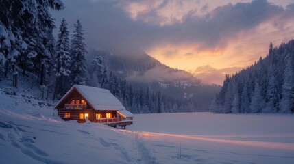 Winter Cabin at Sunset