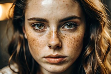 A deep, emotional portrait. The face of a young girl without makeup with expressive eyes and curly brown hair. Natural female beauty.