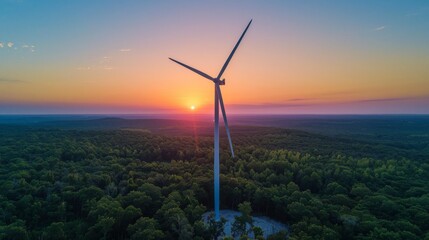 Sunset Over Wind Turbine in Forest
