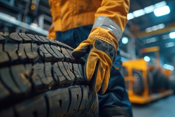 Mechanic with protective work gloves holding a new wheel with tire