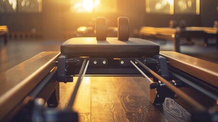 A close-up of a Pilates reformer machine in a heated studio,