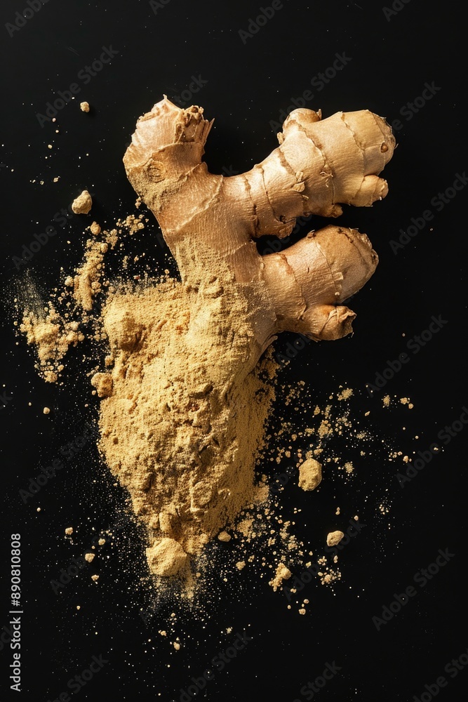 Poster a close-up image of a piece of ginger on a dark surface
