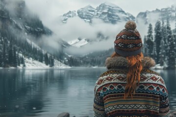 Fototapeta premium Woman In A Knit Hat Looks Out At A Snowy Mountain Lake