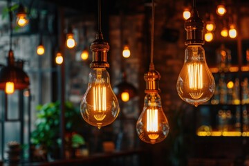 Multiple retro-style light bulbs hang from the ceiling in a dark room, casting a nostalgic glow