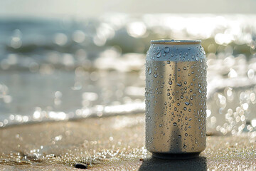 A cold beverage can with water droplets, set against a sandy beach background, evoking refreshment and summer vibes.